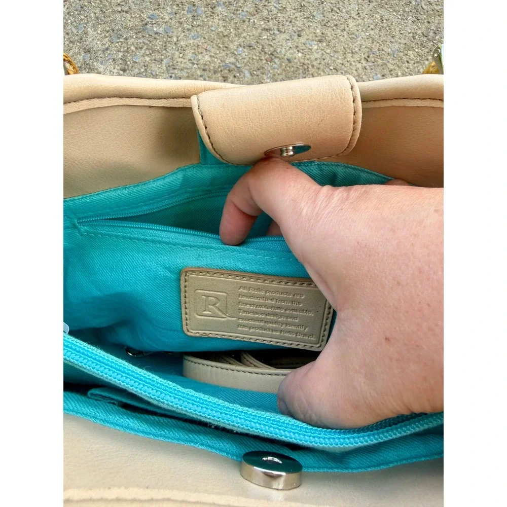 VTG Relic Multi Color Woven Bamboo Handle Hand& Crossbody Bag Turquoise Interior